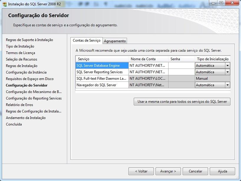 6. Na próxima tela será a Configuração do Servidor. Aqui você configura as contas para cada serviço a ser instalado.