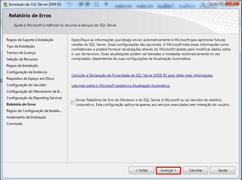 9. Em Relatórios de Erros apenas clique Avançar: 10.