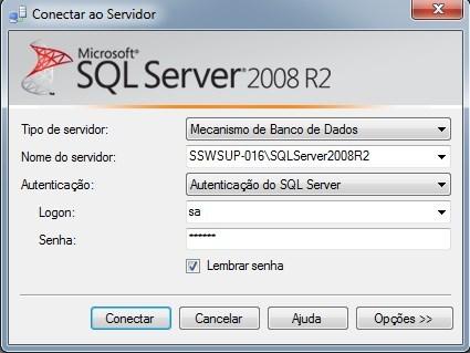 11. Agora com o SQL Server devidamente instalado, para acessar o mesmo, você abrirá o SQL Server Management Studio e configurará o mesmo, abaixo segue especificações de cada item: Tipo de servidor: