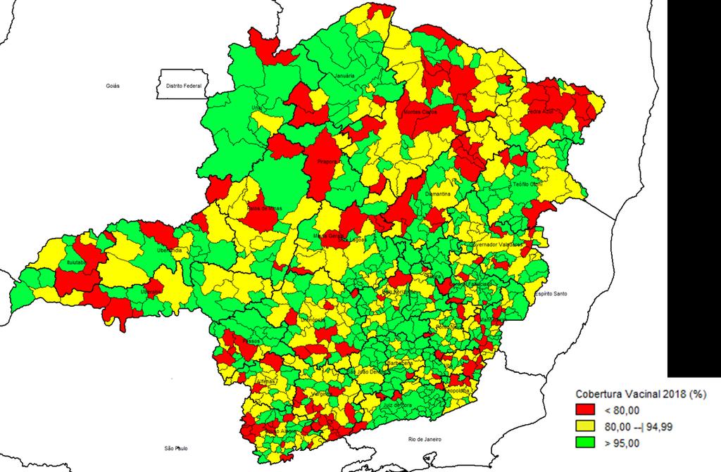 Figura 4 Cobertura vacinal acumulada (2007 a 2018) de febre amarela segundo município de vacinação Minas Gerais, 2018. Fonte: http://pni.datasus.gov.