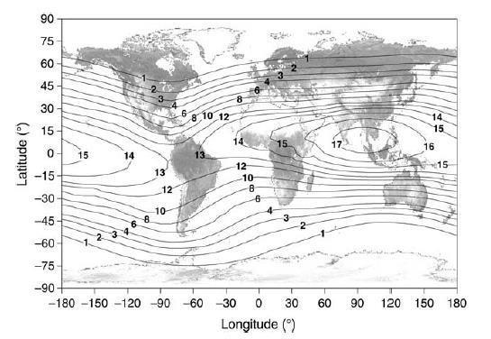 Figura 2.3: Rigidez de corte geomagnética (GV) em função da latitude e longitude na data de 1990 a 10 km de altitude. Extraído de [2]. Como pode ser observado na figura 2.