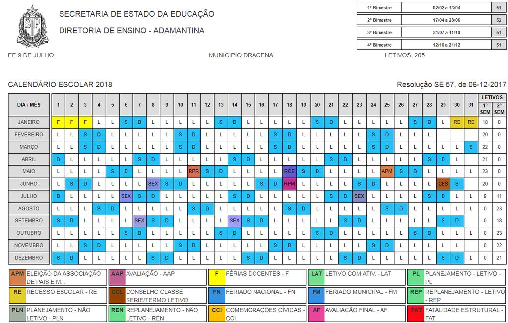 Para visualizar o histórico de atualizações realizadas no calendário escolar desça a barra de