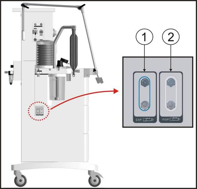 Controles e componentes 3 Entrada para fluxômetro auxiliar - Fluxômetro auxiliar de oxigênio para aplicação de fluxo de oxigênio puro (por exemplo, aplicação de oxigênio via cateter nasal ou máscara).