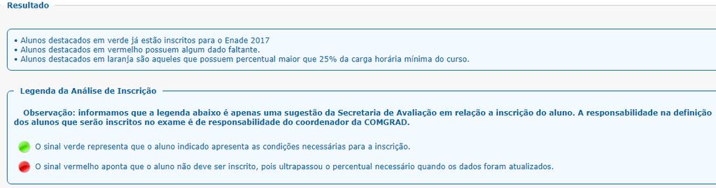 Ingressantes Legenda Alunos listados em verde estão inscritos no Enade Alunos listados em vermelho possuem dados faltantes Alunos listados em laranja