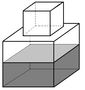 A aresta da parte cúbica de baixo tem medida igual ao dobro da medida da aresta da parte cúbica de cima.