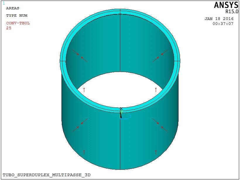 29 Figura IV.12 Geometria e condições de contorno no modelo 3D para o segundo passe. Vista inclinada.