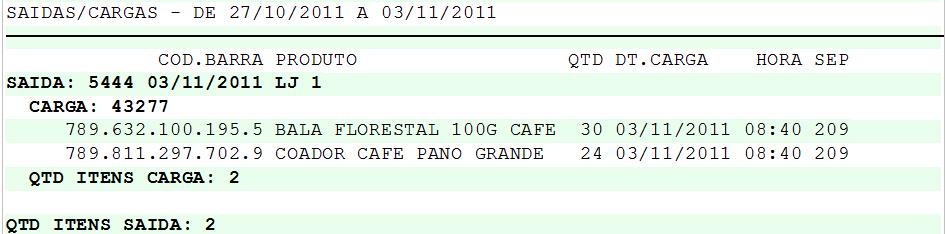 produtos. Saída: Relatório mais extenso, será mostrado a saídas, cargas e produtos.