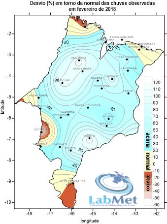 Figura 6: Distribuição das chuvas em fevereiro de 2018 no Maranhão: Desvios percentuais. Os acumulados de chuva para alguns municípios com coleta, estão dispostos no gráfico da Figura 7.