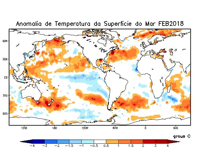 As condições oceânicas e atmosféricas ainda mostraram a atuação do fenômeno La Niña no Oceano Pacífico Equatorial, em fevereiro passado, em particular na região do Niño 3.4 (em torno de 150 W).