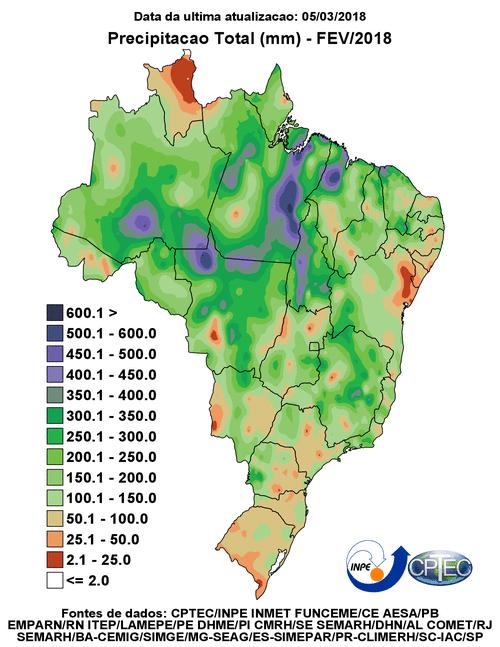 DISTRIBUIÇÃO ESPACIAL DA PRECIPITAÇÃO PLUVIOMÉTRICA NO MARANHÃO EM FEVEREIRO DE 2018 Fevereiro de 2018 foi um mês bastante chuvoso em quase todo o Brasil.