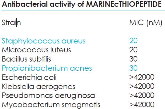 Resultados: Tabela 1: Ação antibacteriana do MARINE C THIOPEPTIDE.