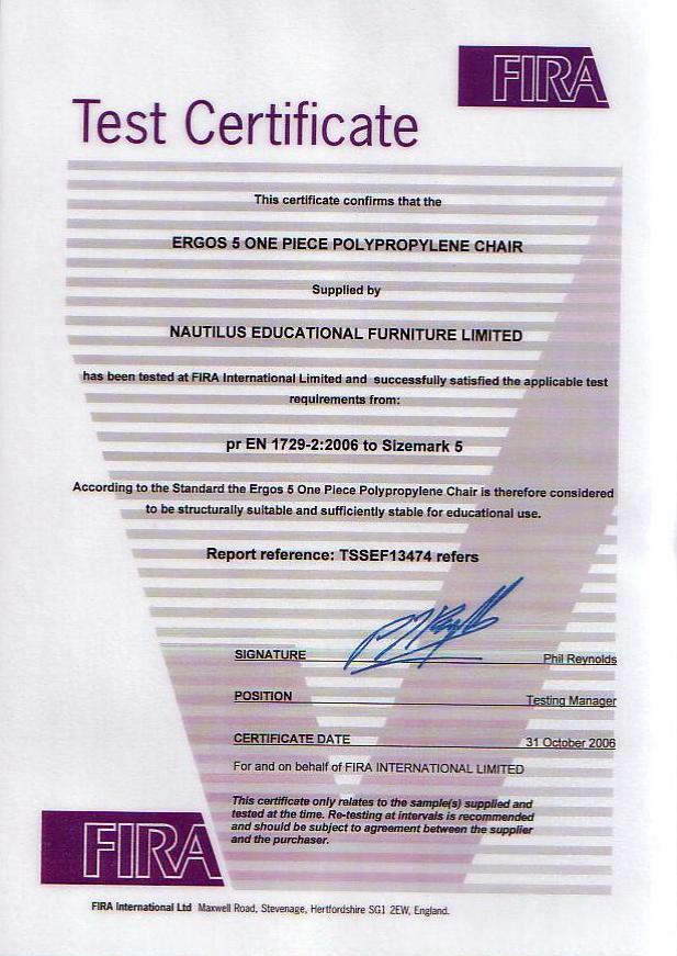 Test Certificate - Fira Ergos BIG 05 Certificação de acordo com os