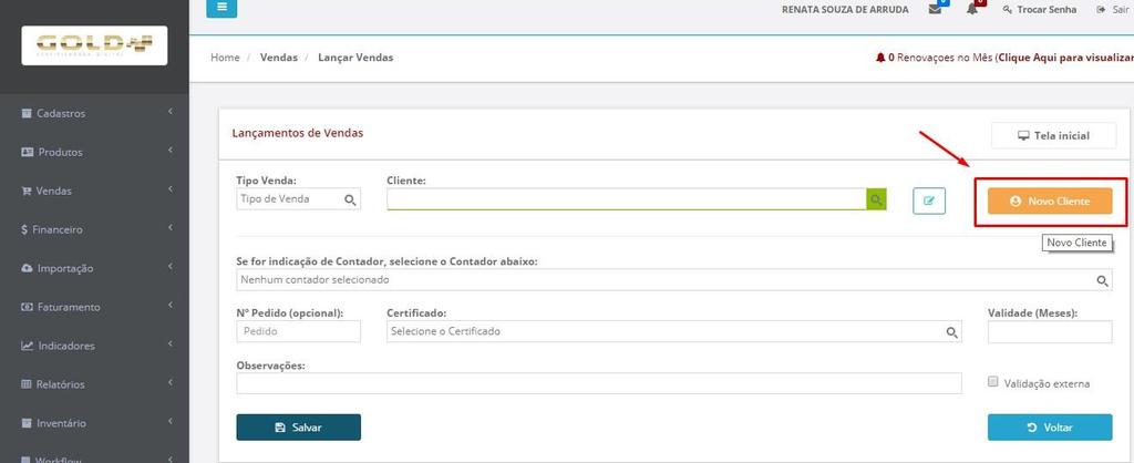 Botão Nova Venda: Para efetuar uma venda de protocolo Antes de efetuar uma venda precisa ter o cliente cadastrado no banco de dados, se o cliente já estiver