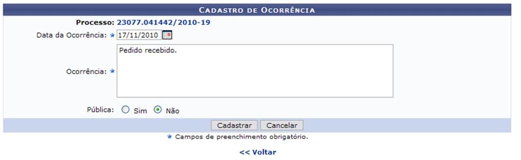 operações Processo detalhado, Adicionar Ocorrência e Visualizar/Alterar ocorrências. Essas operações serão explicadas nos tópicos abaixo. Exemplificaremos com o Processo: 23077.041442/2010-19.