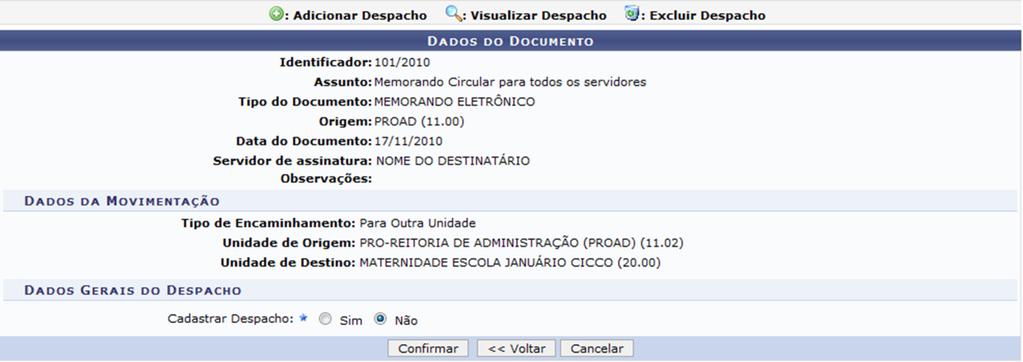 Figura 13: Dados da Movimentação Para continuar com o procedimento, clique em Confirmar.