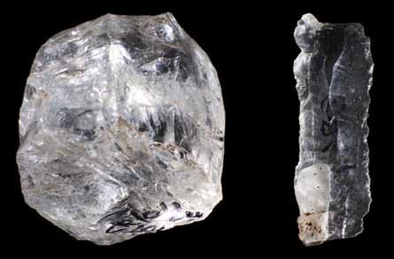 Fig. 22 Núcleo de lamelas e lamela de quartzo hialino (cristal de rocha) do povoado do Neolítico Final do