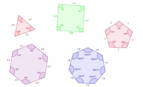 7 12- A seguir são apresentados cinco polígonos. Para cada um deles, estão indicadas as medidas dos lados (numa determinada unidade de medida) e as medidas dos ângulos internos.