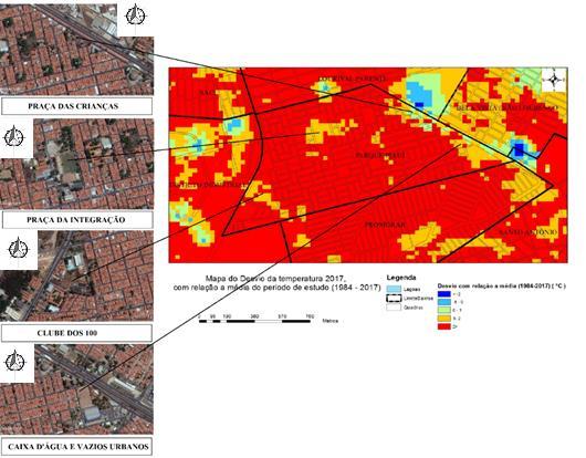 dos 100 a sudoeste, a Praça da Integração a norte, a Praça das Crianças (camisa 10) a leste e Caixa d água a sudeste, indicadas no mapa.