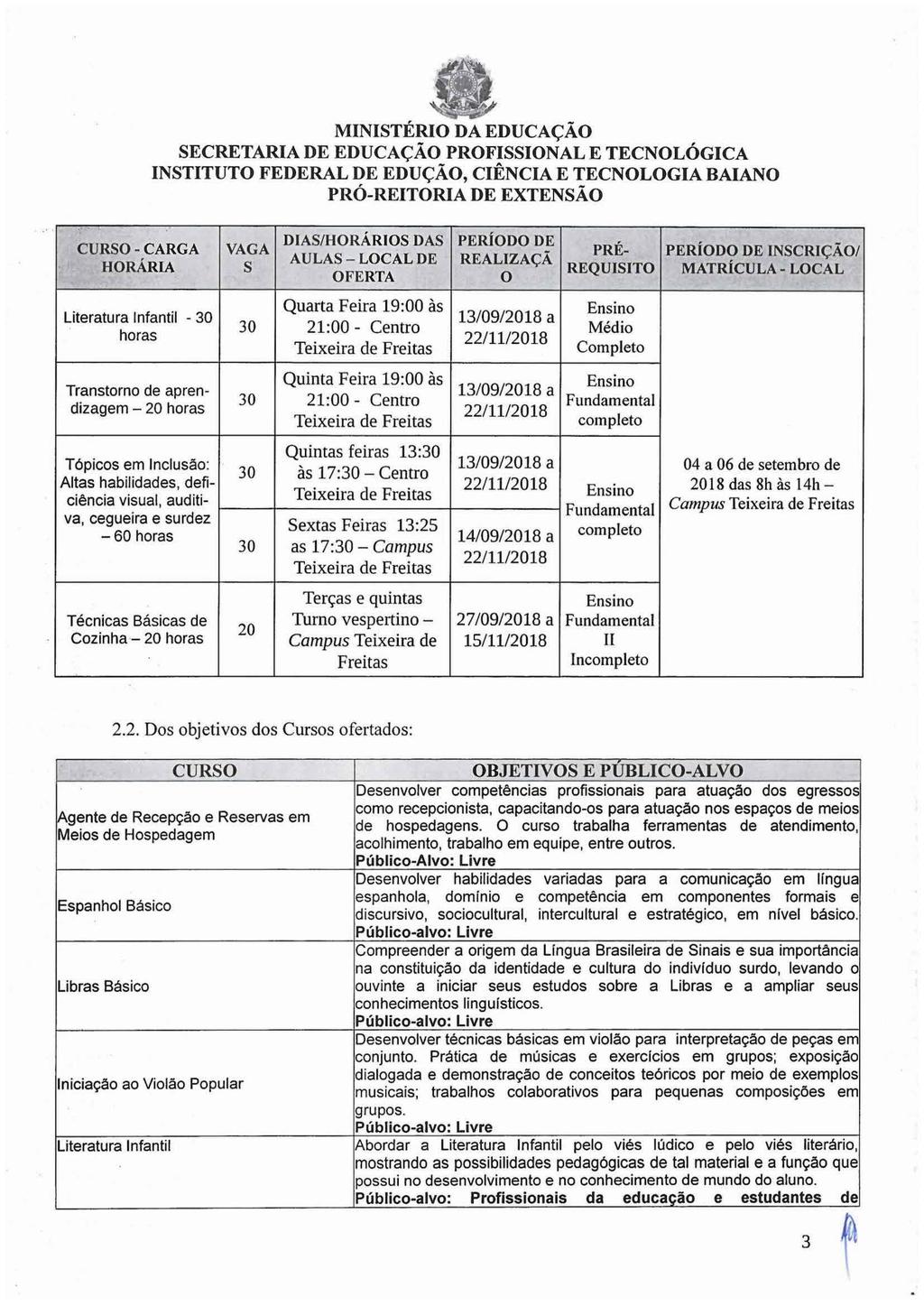 .'" CURSO - CARGA VAGA DIAS/HORÁRIOS DAS PERÍODO DE PRÉ- PERÍODO DE INSCRIÇÃO/ AULAS - LOCAL DE REALIZAÇÃ HORÁRIA S REQUISITO MATRÍCULA - LOCAL OFERTA O Literatura Infantil - 30 horas Transtorno de