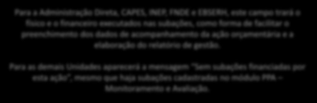 Subações financiadas pela Ação Orçamentária João Santos Para a Administração Direta, CAPES, INEP, FNDE e EBSERH, este campo trará o físico e o financeiro executados nas subações, como forma de