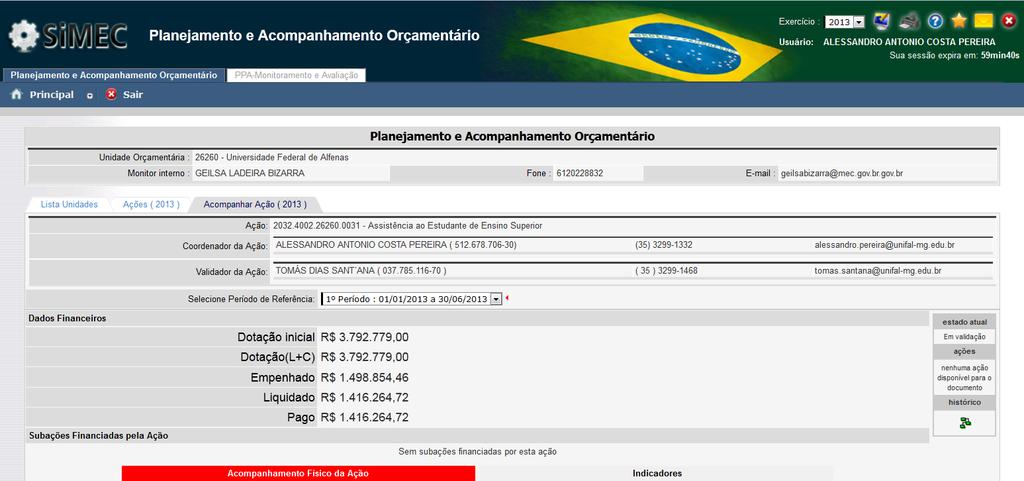 VALIDAÇÃO: O validador analisará as informações prestadas pelo Coordenador de Ação.