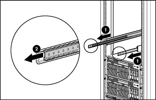 Instalação do servidor 11. Puxe o trilho deslizante interno para frente de cada conjunto de trilhos até que fique travado no lugar. 12. Deslize a braçadeira rolante interna para frente, até parar.