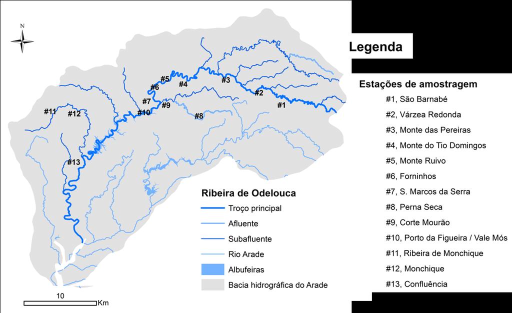 3. Material e Métodos 3.1. Locais de amostragem No total foram definidas 13 estações de amostragem na Bacia Hidrográfica da Ribeira de Odelouca (Figura 3.