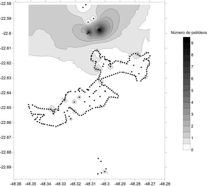 Mapa de infestação: 01-15/09/17 Aparentemente Alturas de captura: Fazenda: ~2.5 m; Vizinhos: 7.