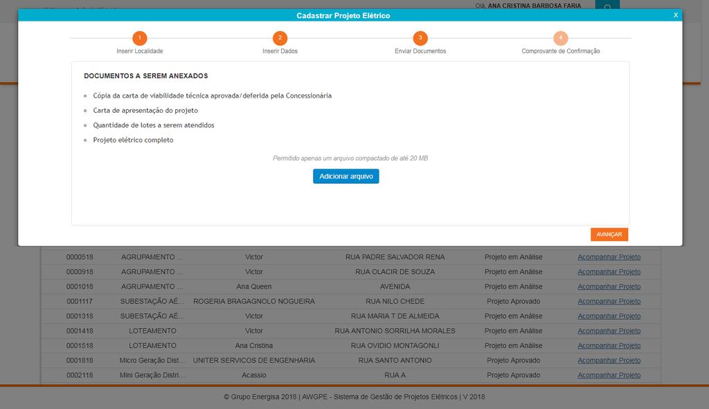 CADASTRO DE PROJETO ELÉTRICO 3 Upload de arquivos do projeto elétrico Etapas navegáveis para retorno e alteração de dados.
