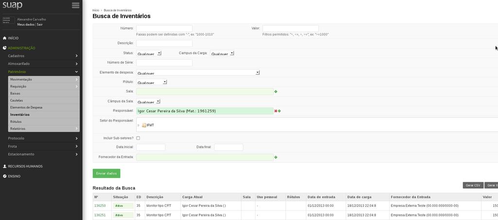 No menu Inventários é possível realizar consulta detalhada de determinado inventário, basta preencher os campos (ex.