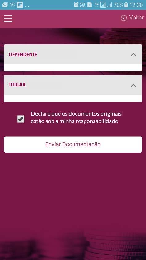 APLICATIVO MOBILE - SOLICITAÇÃO DE REEMBOLSO DE MEDICAMENTO Passo 9: Ao finalizar, o usuário deverá declarar que está em posse do Cupom Fiscal e Receita Médica originais