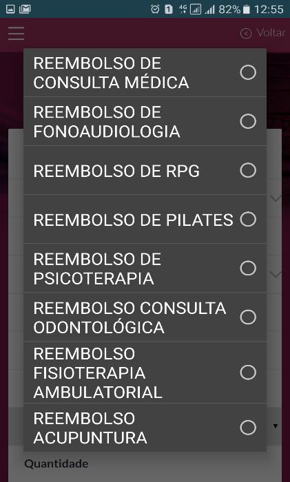 APLICATIVO MOBILE - SOLICITAÇÃO DE REEMBOLSO ASSISTENCIAL Passo 3: Selecionar o tipo de reembolso desejado.