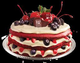 : 5478 Bolo Red Velvet Massa de bolo de chocolate colorido, recheado com creme, mirtilo e morango,