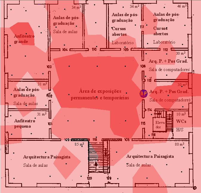 6. VERIFICAÇÃO DA LOCALIZAÇÃO DOS PONTOS DE ACESSO 6.1.2 AP B Salas de Computadores Figura 6.5 Mapa de cobertura do AP B para o 1º piso.