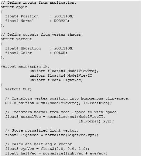 Exemplo de vertex program simples em Cg Vetor 4 floats Pre-defined names Binding semantics void