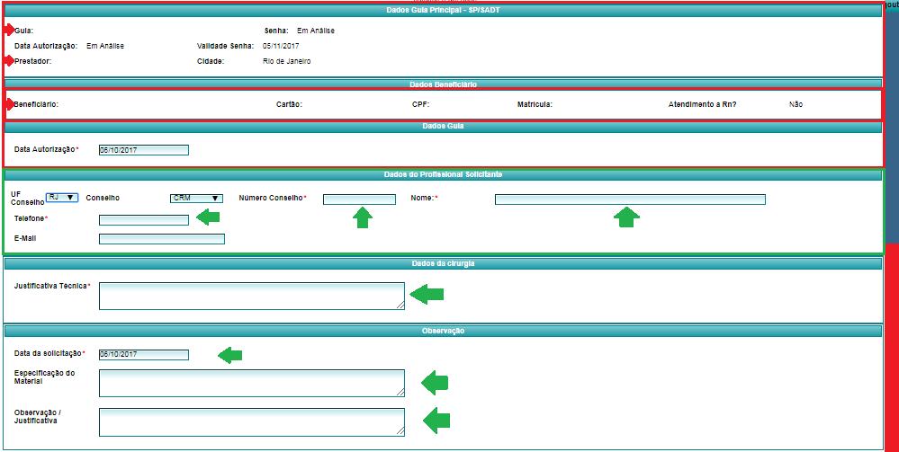 d) Verifique os dados da guia, os dados do beneficiário, insira os dados do profissional solicitante (CRM, Nome, Telefone e E-mail), a Justificativa técnica, Especificação de Material e