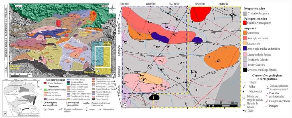 Figura 3.1 A) Craton Amazônico (Tassinari & Macambira 2004); B) Mapa geológico do Subdomínio de Transição (Modificado de Feio 2011; Gabriel 2012; Silva 2012).