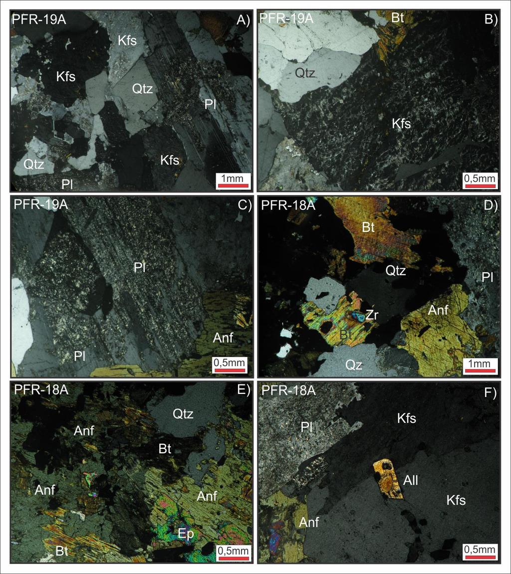 Figura 3.5 Fotomicrografias em nicóis cruzados, mostrando aspectos mineralógicos e texturais do granito anorogênico do setor leste do SDT.