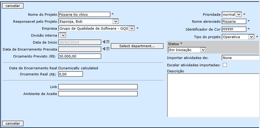 Selecionar o status do projeto Em Iniciação.