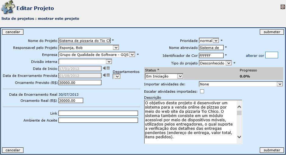 Declaração do escopo do projeto Com o projeto em modo de edição.