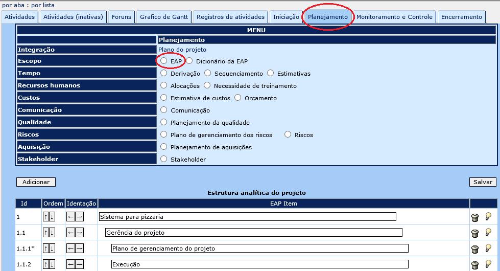 Criar a EAP A EAP pode ser criada em uma estrutura hierárquica. Incluir novo item na EAP.