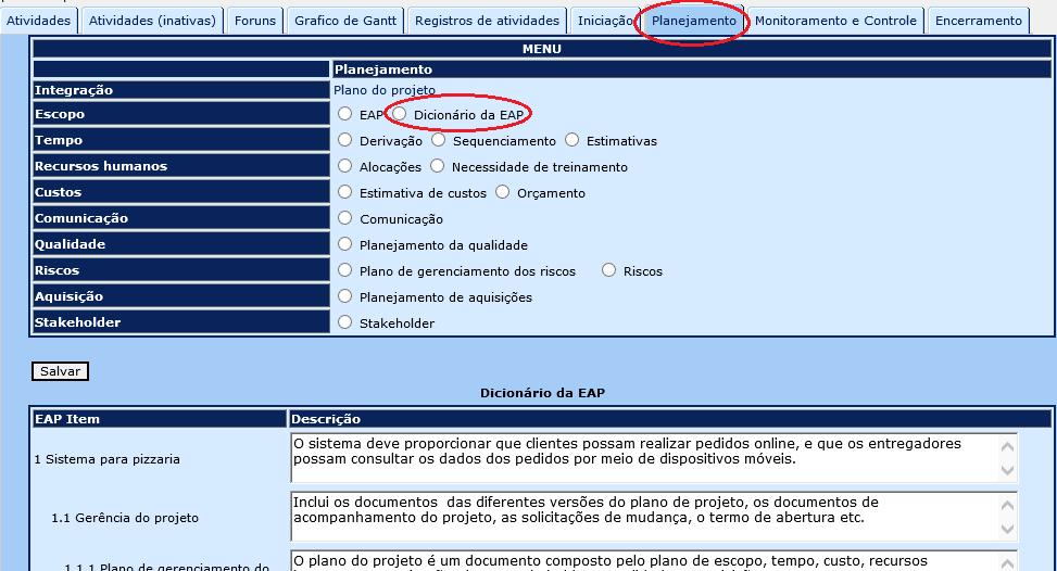 Dicionário da EAP O dicionário da EAP suporta o detalhamento de todos os itens da