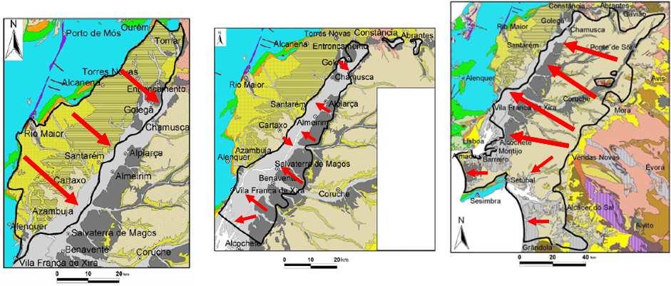 Figura 2 Geologia dos sistemas aquíferos do Baixo-Tejo e direcções regionais de escoamento (setas) A Figura 2 indica as direcções regionais de escoamento subterrâneo.
