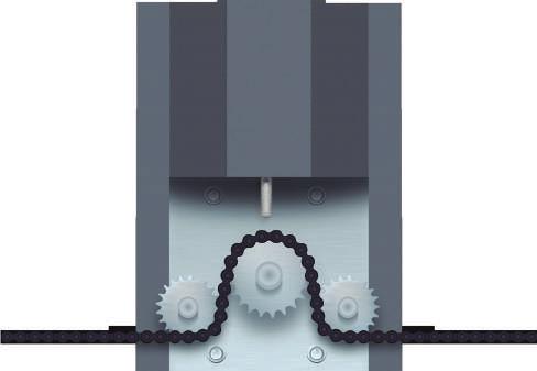 Corrente industrial 1/2 x 5/16 Tampa em chapa de aço com pintura epóxi. Quadro de comandos na frequência 433MHz. Entrada para botoeira e fotocélula. Saída para trava de segurança.