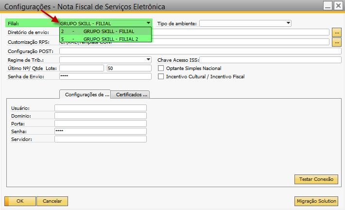 Tela 2 Seleção da filial para configuração As configurações que devem ser realizadas para a