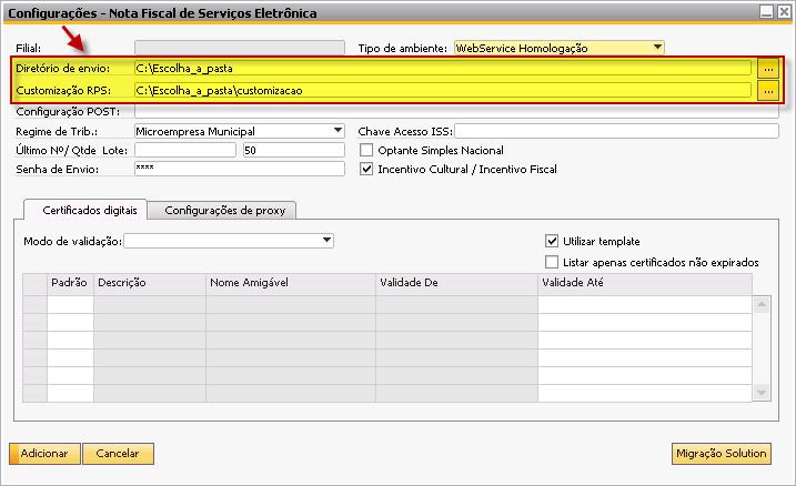 Tela 4 Informe o diretório para armazenamento dos arquivos Observação: para mais informações sobre o RPS customizado, consulte o item 4 deste manual.