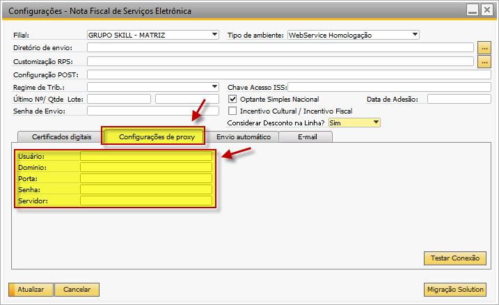 3.10 Configuração de Proxy T1 NFS-e Nota Fiscal Eletrônica de Serviço V1.01 J) Para ambientes de rede com Proxy, pode ser necessário inserir as informações para as Configurações de proxy.