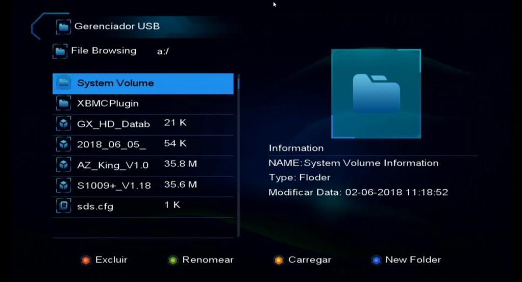 Nesse menu, utilizando-se a tecla amarela do controle remoto, poderá ser realizado um backup em HDD ou