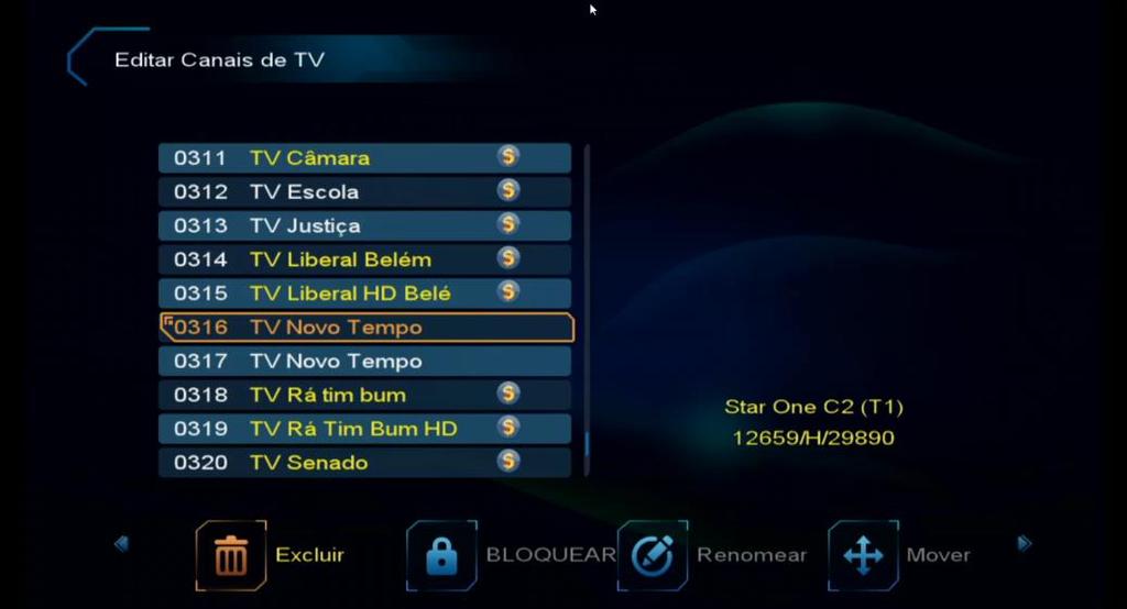 8.1) Menu>>Gerenciador de Canais>>Canais de TV: Sub menu destinado ao gerenciamento de canais de