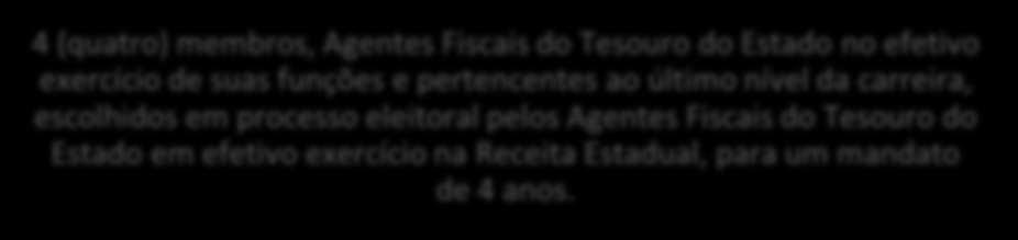 4 (quatro) 0membros, Agentes Fiscais do Tesouro do Estado no efetivo exercício de suas funções e pertencentes ao último nível da carreira, escolhidos em processo eleitoral pelos Agentes Fiscais do